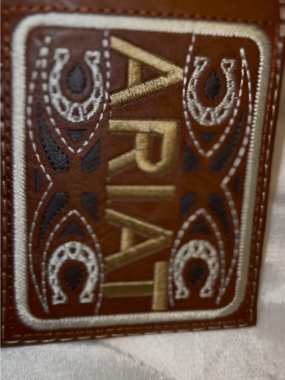 Ariat Brown Leather Patch with Gold and Cream Embroidery